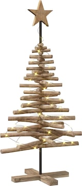 Ein hölzerner Weihnachtsbaum mit Lichtern.