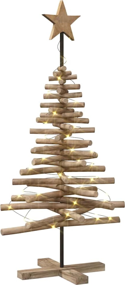 Ein hölzerner Weihnachtsbaum mit Lichtern.