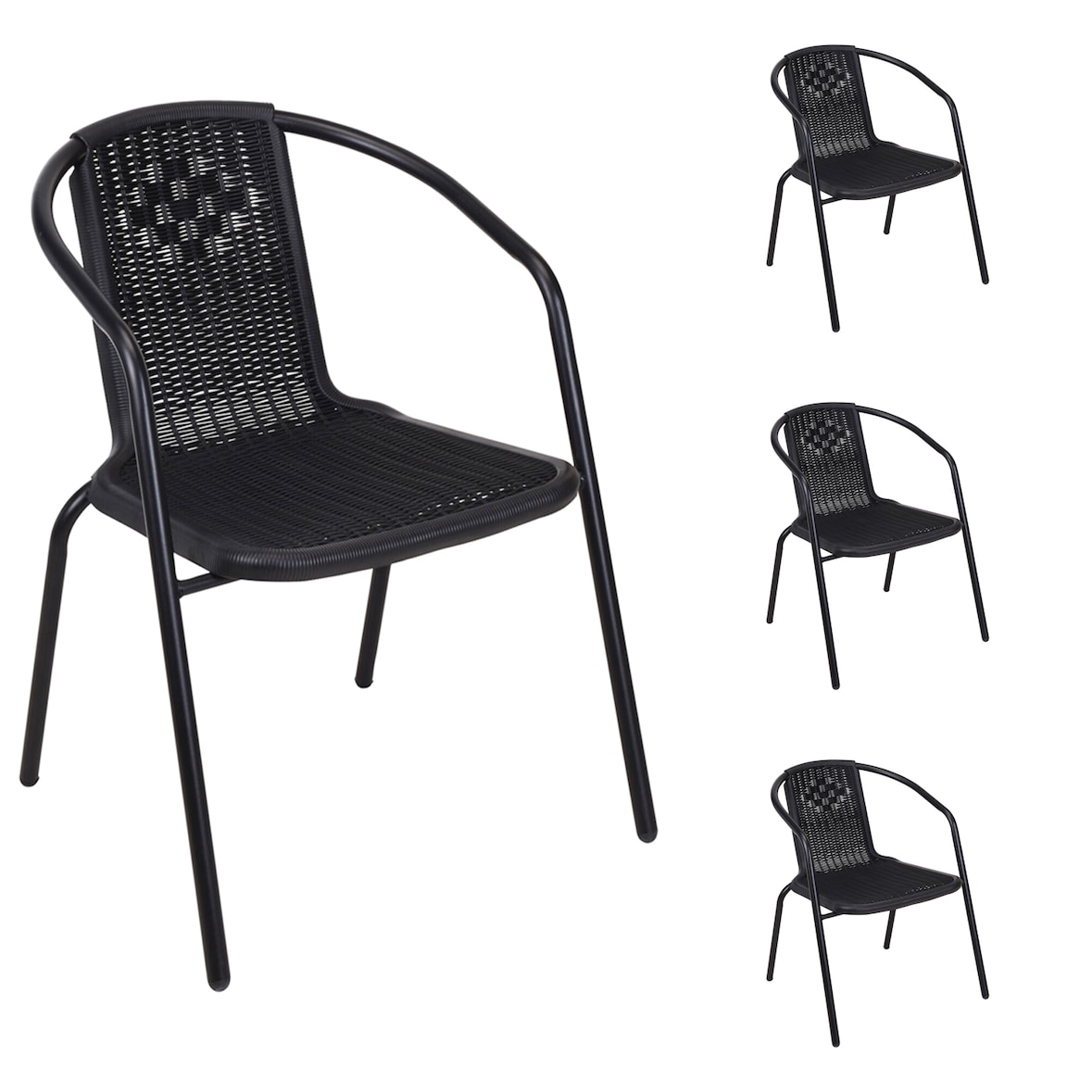 4 Stück Stabiler Rattan-Design Bistrostuhl Stapelstuhl Stahl schwarz