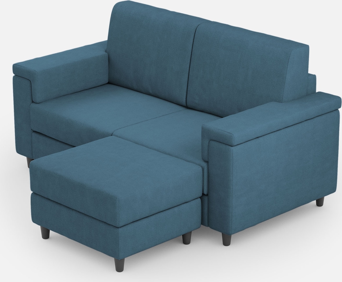 Mittleres 2-Sitzer-Sofa Marrak (zwei 70-cm-Sitze) + Pouf, Außenmaße L.168 T.145, Avio-Farbe