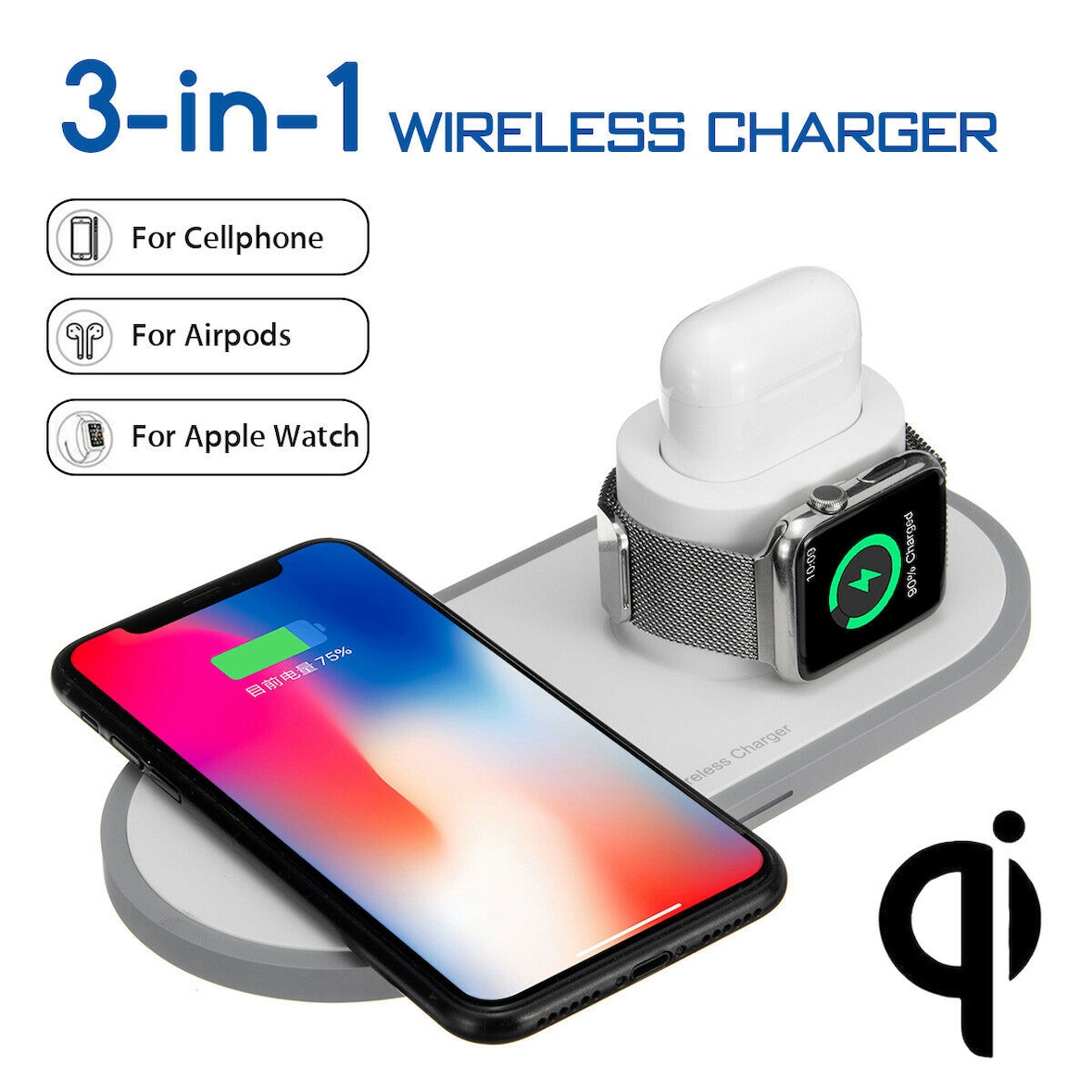 2Pace® 3 in 1 QI Charger 10W Ladegerät Ladestation für Apple Watch iPhone 12 12 Pro XS X 8 Airpod