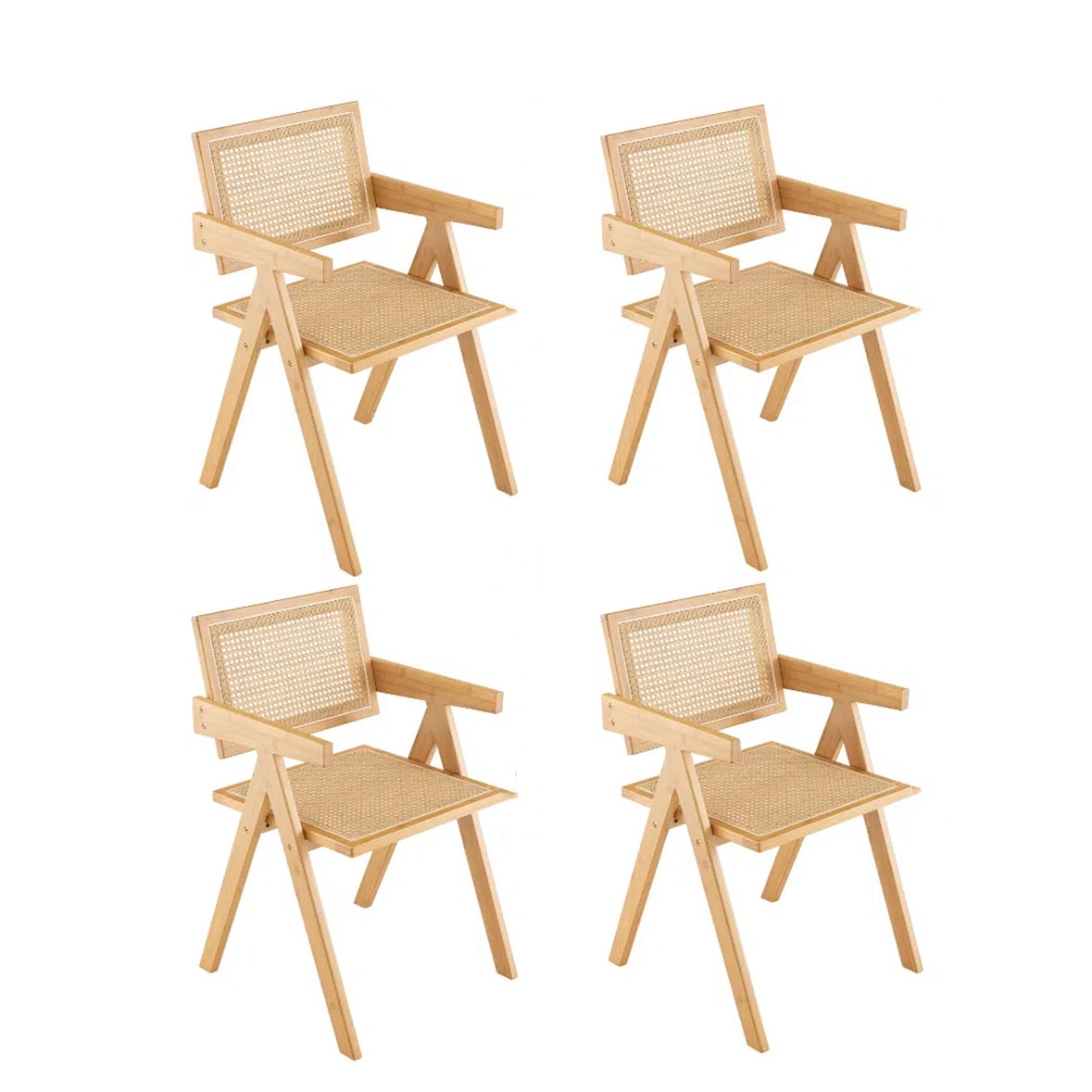 Conjunto de 4 cadeiras de sala de jantar COSTWAY, cadeiras de cozinha feitas de bambu e rattan simulado, com encosto e apoios de braços