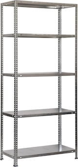 Ein graues, fünfstöckiges Regal aus Metall.