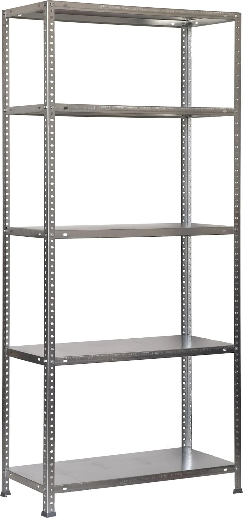 Ein graues, fünfstöckiges Regal aus Metall.