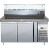 thumbnail of Banco pizza refrigerato 2 porte con vetrina refrigerata profonda 330 mm, capacità 7 bacinelle GN 1/4, temp.-2°/+8°C, ventilato - mod.G-PZ2600TN33