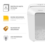 thumbnail of Fellowes Destructora trituradora de papel LX70, corte en partículas, destruye 11 hojas. Papelera 18L, Bloqueo de Seguridad, Color Blanco