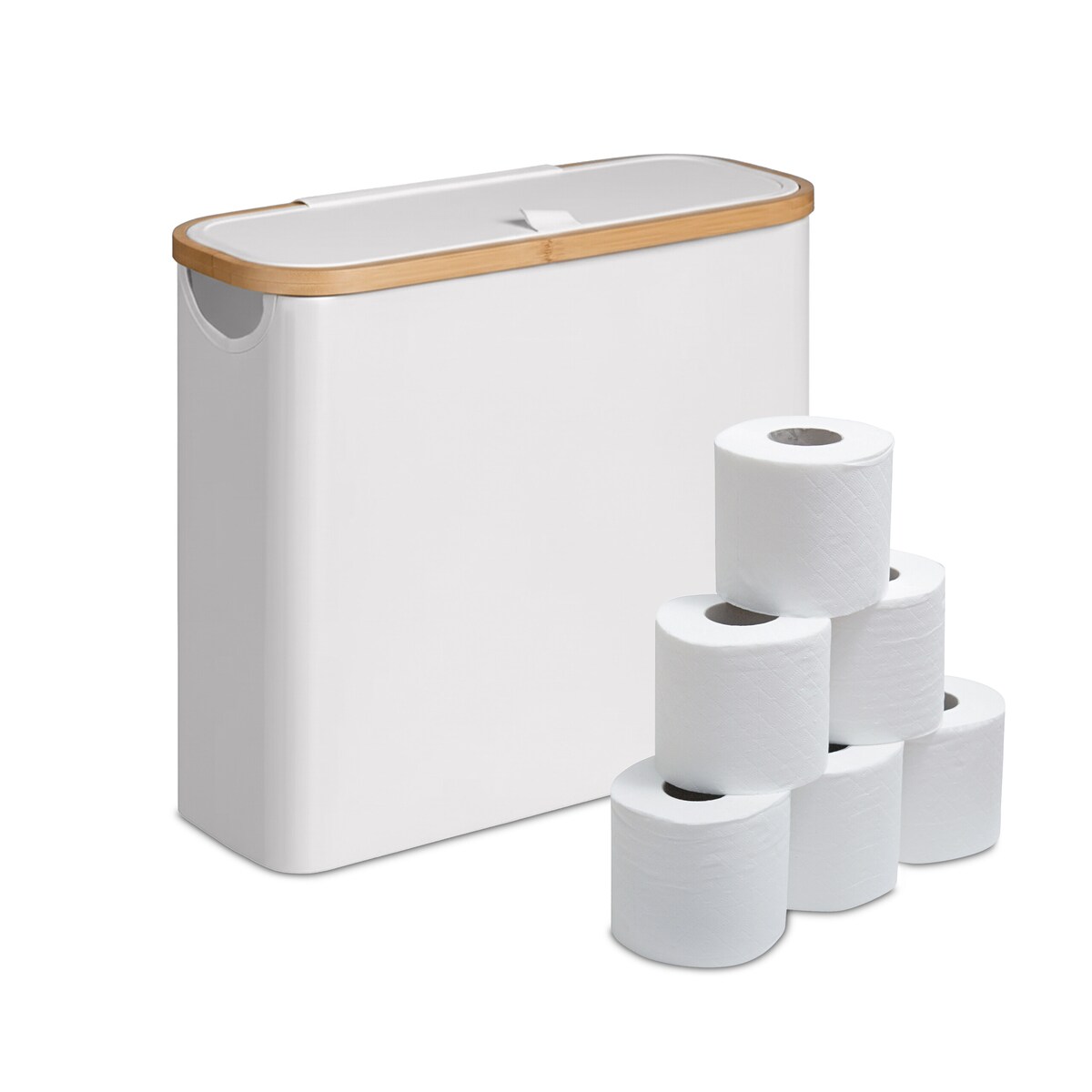 Relaxdays Toilettenpapier Aufbewahrung, 12 Rollen, HxBxT: 38 x 43 x 17 cm, Stoff, Bambus, Klopapier Korb, Vorrat, weiß