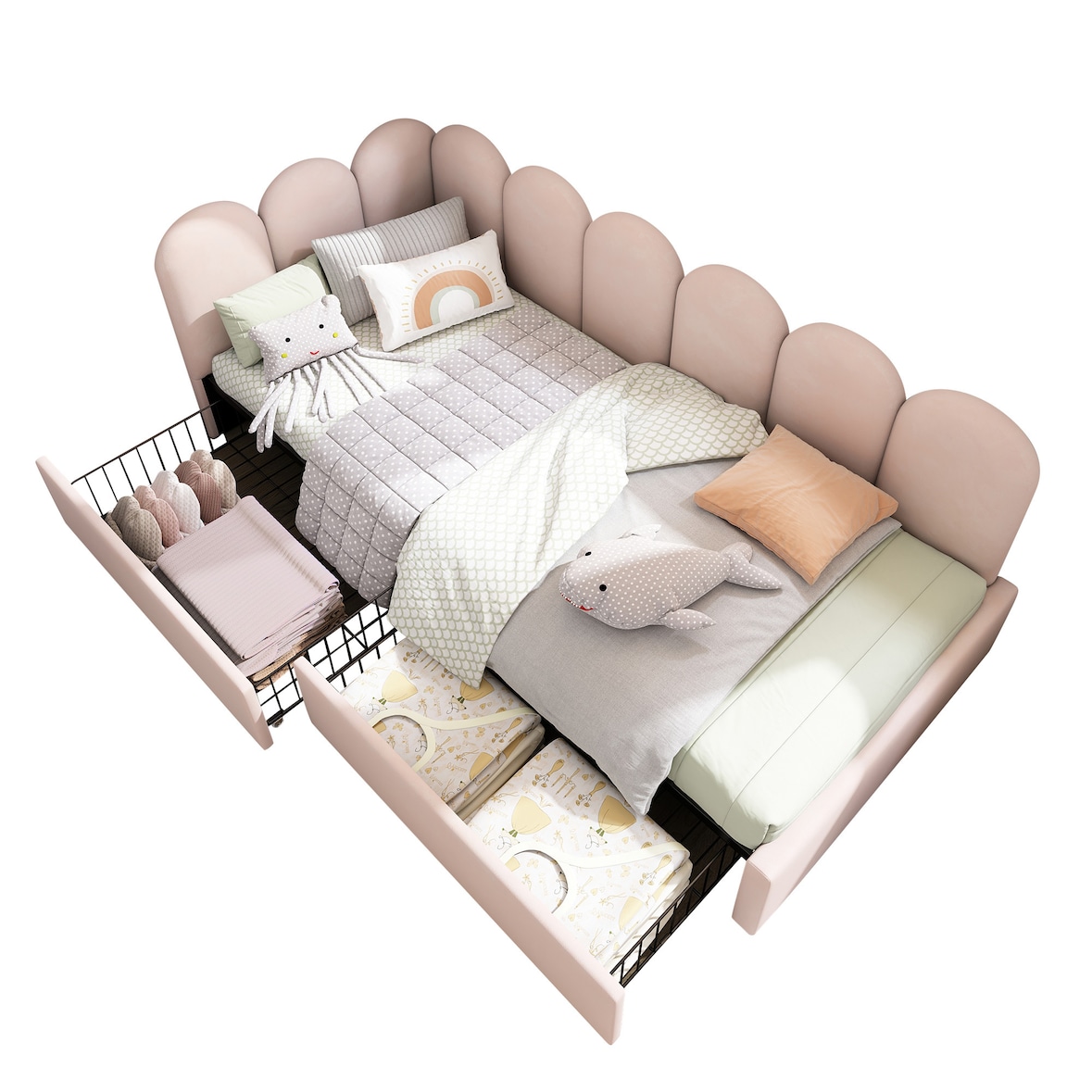Merax Polsterbett Einzelbett mit Schubladen Stauraumbett Samt Daybett Tagesbett Schlafsofa 90x200cm Rosa(Ohne Matratze)