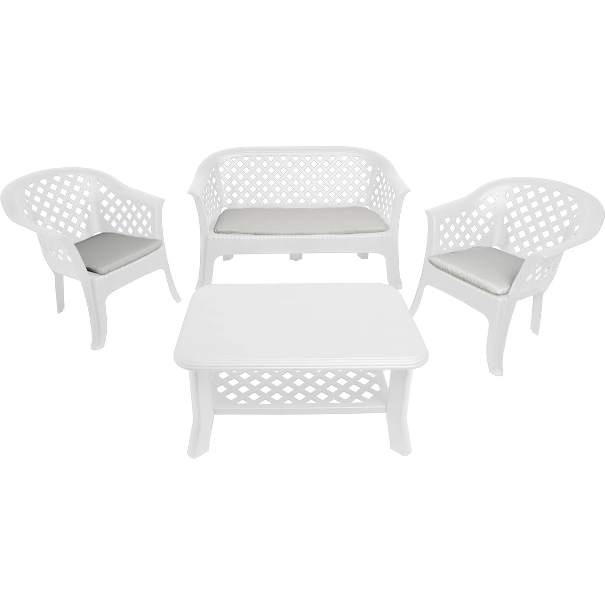 Dmora Outdoor-Lounge-Set Brescia, Gartengarnitur mit 2 Sesseln, 1 Bank und 1 Couchtisch, Sitzecke für drinnen und draußen, 100 % Made in Italy, Weiß