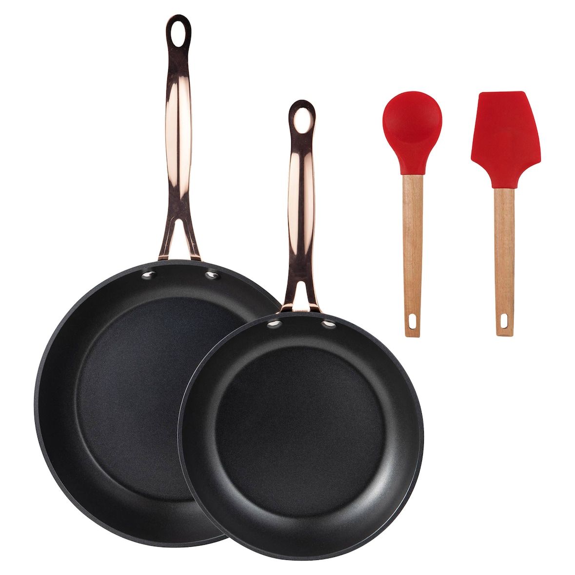 BERGNER - Set di 2 Padelle Ø20/24 cm in Alluminio Forgiato Nero Opaco con Set di 2 Utensili da Cucina EXCALIBUR
