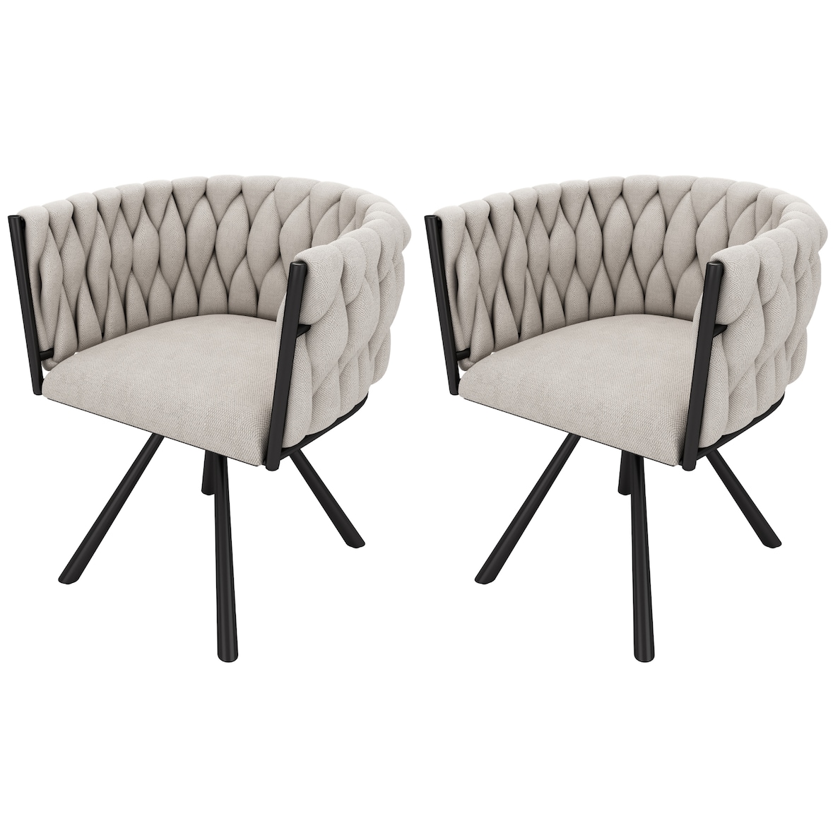Esszimmerstuhl 2er Set Drehstuhl 72x59x54 cm Schwarz+Beige aus Leinen mit 360 Grad Drehfunktion, gepolstert, Metall Vierbein Gestell