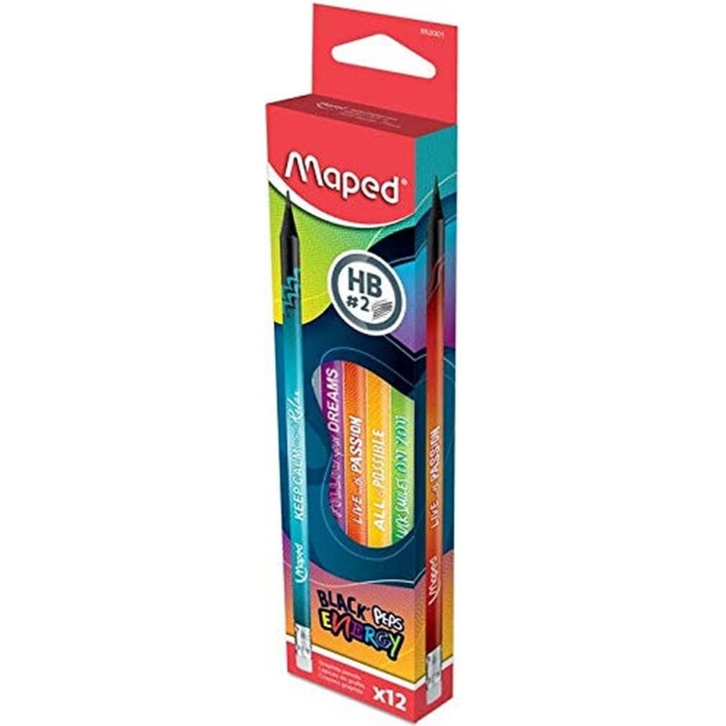 Boîte de 12 crayons à papier Black'Peps Energy, bout gomme, dureté HB, coloris assortis