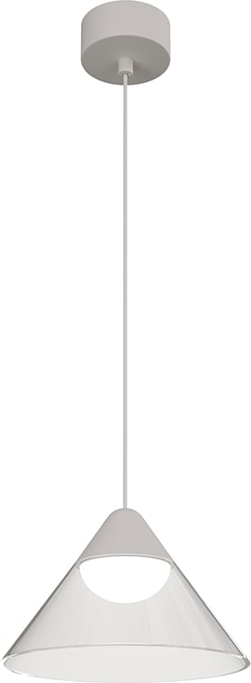 Eine weiße Pendelleuchte mit einem Lampenschirm in Kegelform.