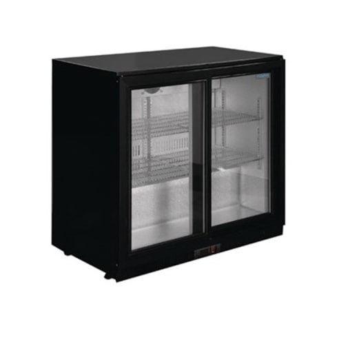 Expositor de bebidas de balcão, 2 portas deslizantes, chapa/alumínio/vidro, 90 x 90 x 52 cm, 230W, arrefecimento a ar, 208L, preto, Polar GL003
