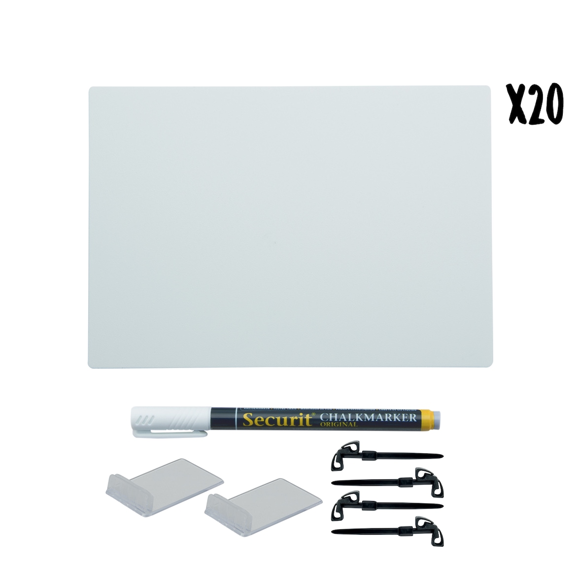 Securit® Conjunto de 20 Quadros de Mesa "Tags" A6 - Branco - Marcador de Giz preto e acessórios incluídos