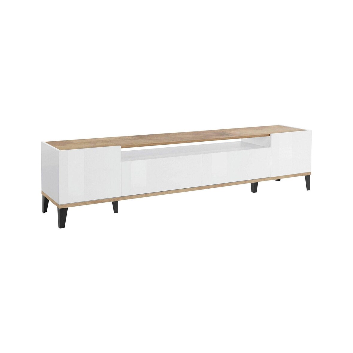 Dmora Fernsehschrank Raffaele, Niedriges Sideboard für Wohnzimmer mit 2 Türen, Sockel für TV-Möbel, cm 200x40h47, Weiß glänzend und Ahorn
