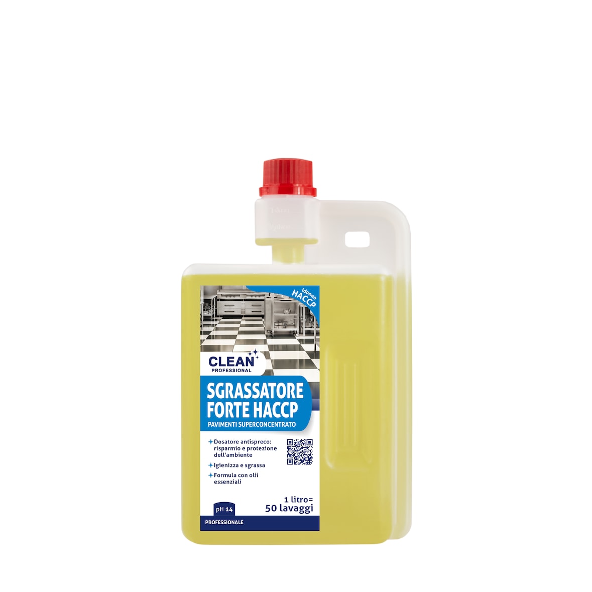 Clean Professional. Detergente superconcentrato per pavimenti in haccp. Grazie al suo sistema di dosaggio evita gli sprechi. 1lt. Giallo.