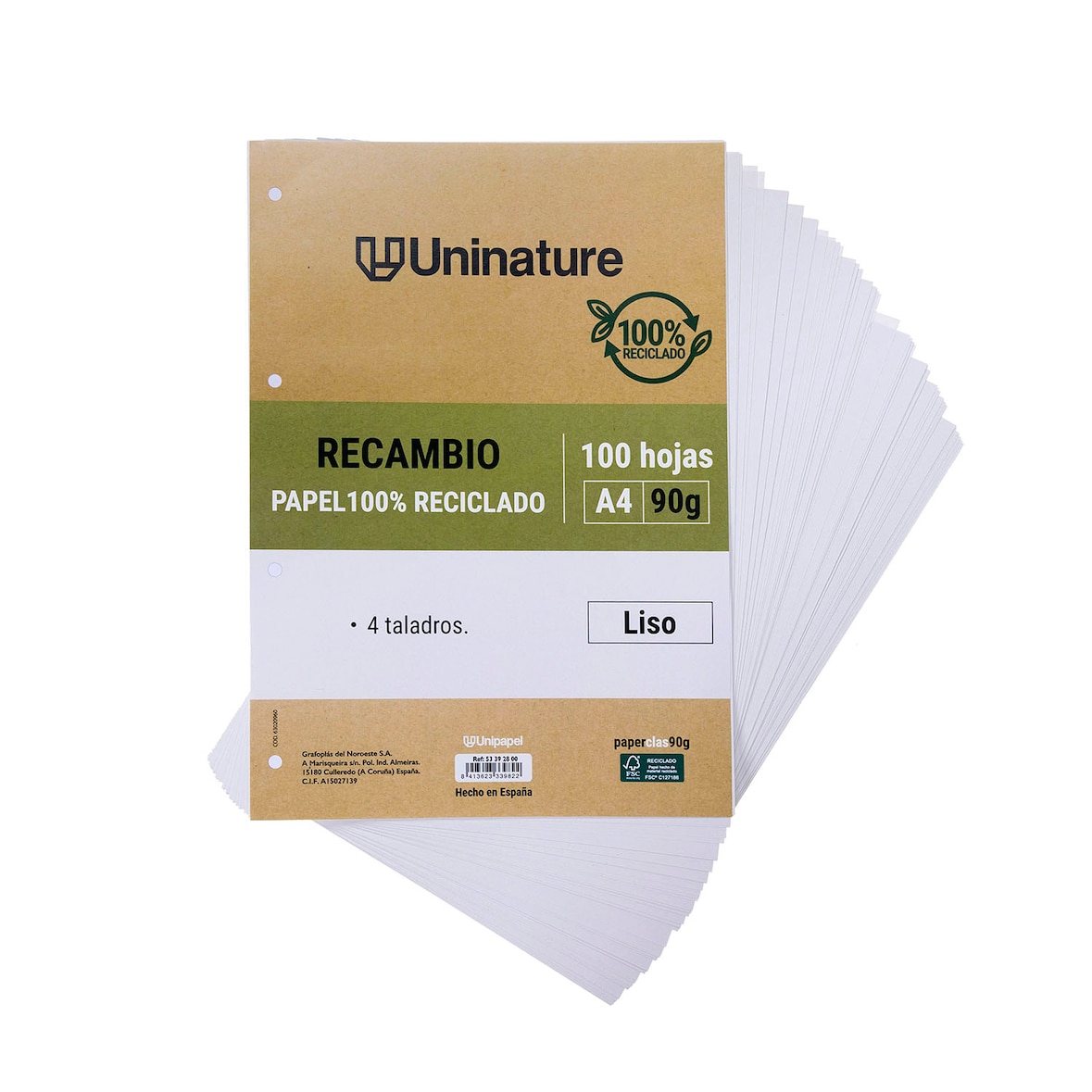 Recambios de papel A4 100 hojas 90g Liso UniNature