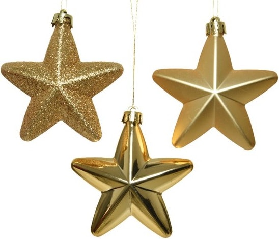 Drei goldene Sternen-Weihnachtsdekorationen.