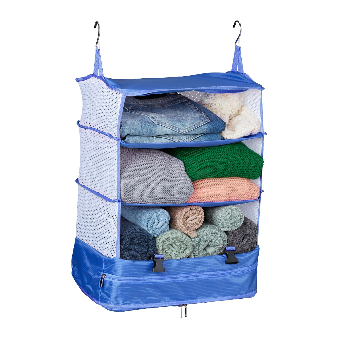 Relaxdays Gepäck Organizer zum Hängen, HBT: 55x44x30 cm, Kofferorganizer faltbar, 4 Fächer, tragbarer Packwürfel, blau