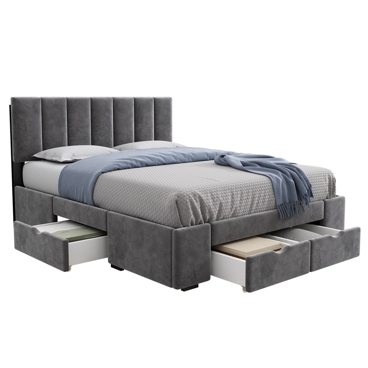 Polsterbet 140x200 mit 4 Schubladen Samtbett mit Storage höhenverstellbarem Kopfteil ,Klassisches Polsterbett