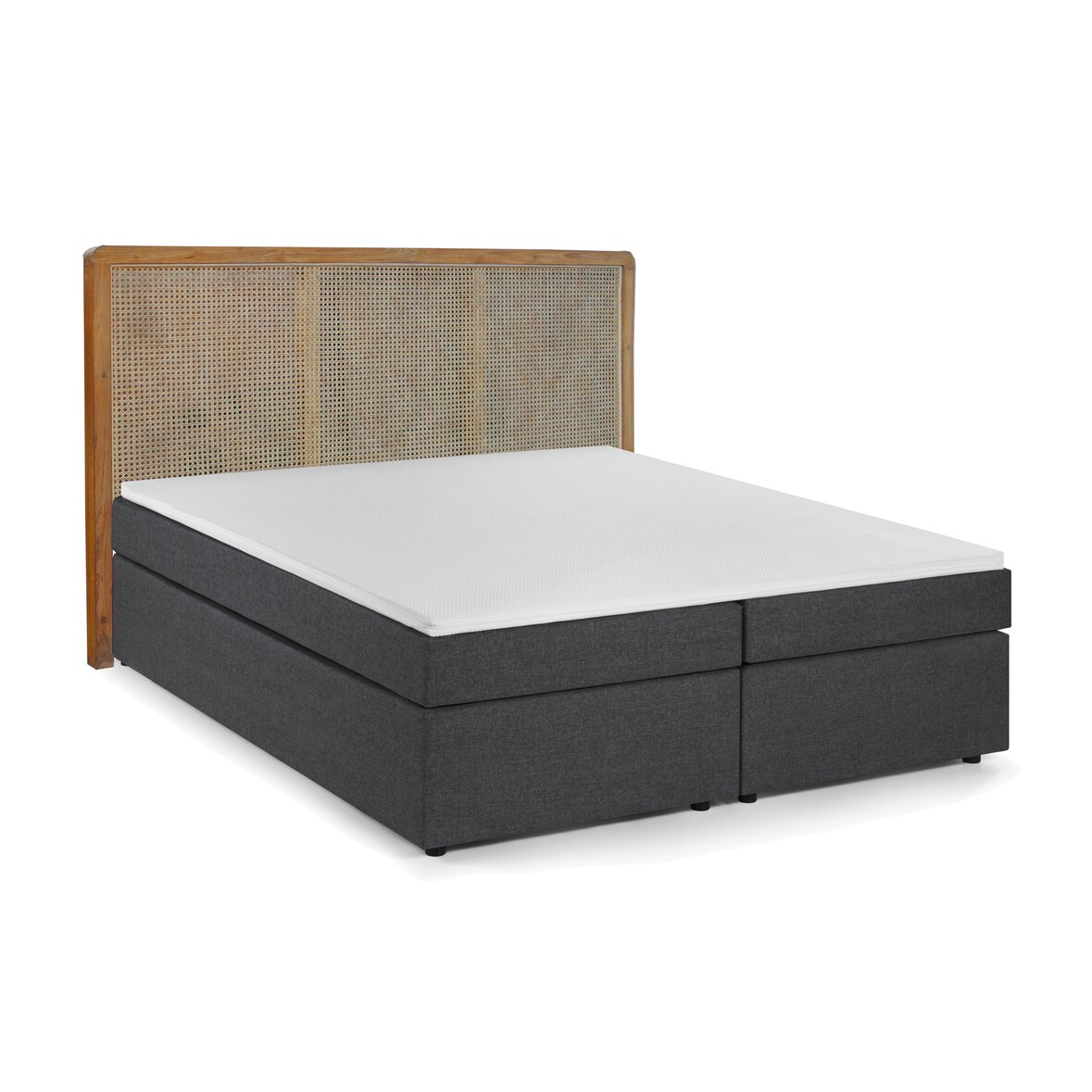 SIT Möbel Boxspringbett 180x200 cm | inkl. Matratzen+Topper | Kopfteil Teak+Rattan | Stoffbezug |B200 x T204 x H120 cm | 18006-01 | Serie THIS&THAT