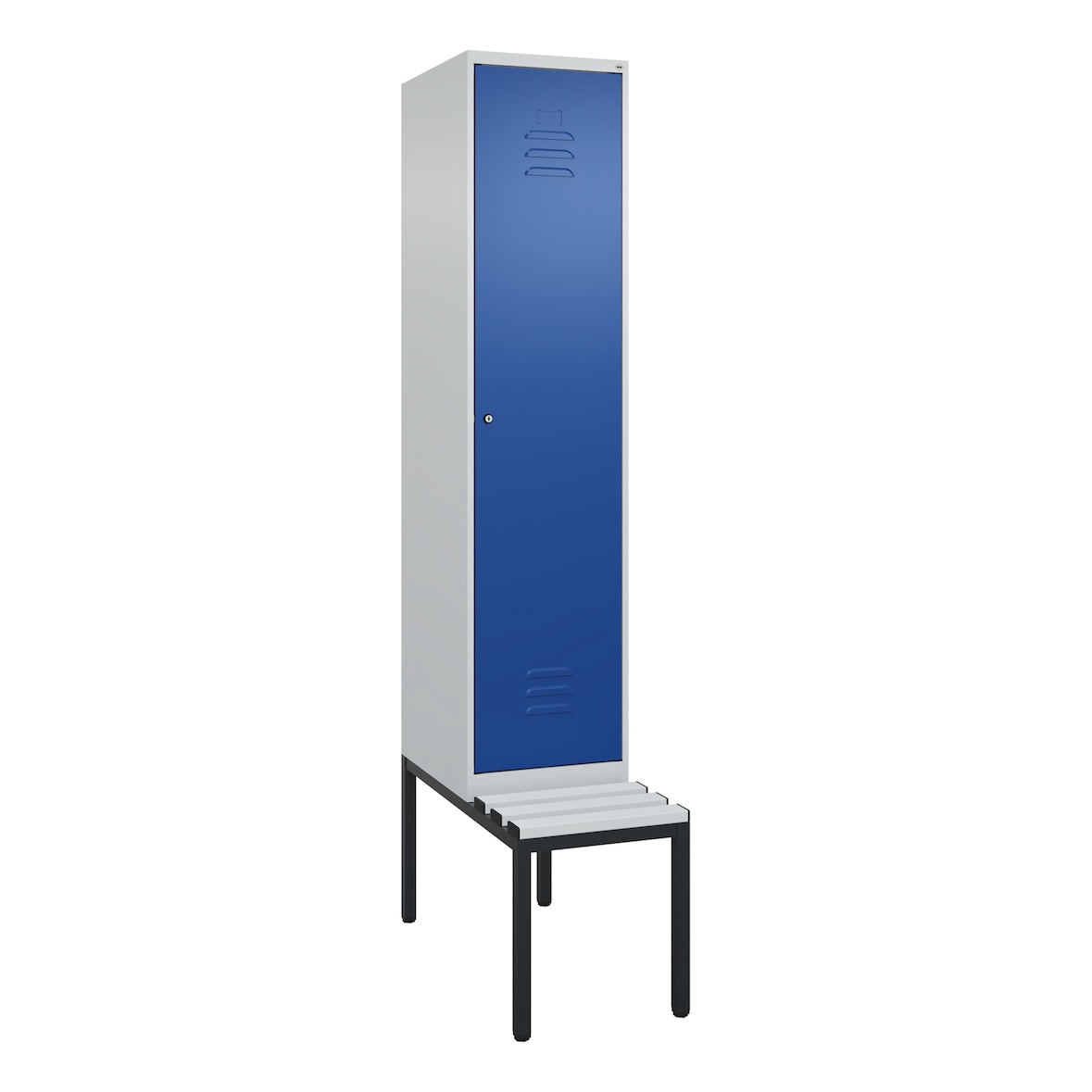 C+P Spind Classic PLUS, Kunststoff untergebaute Sitzbank, 1 Abteil, HxBxT 212x40x82cm, Zylinderschloss, Hellgrau/Enzianblau von PROREGAL
