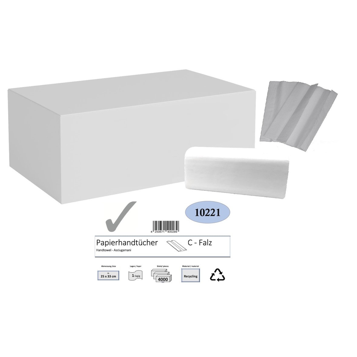 Papierhandtücher, 1-lagig, 25x33 cm, C-Falz, hellgrau  4000 Blatt/Karton