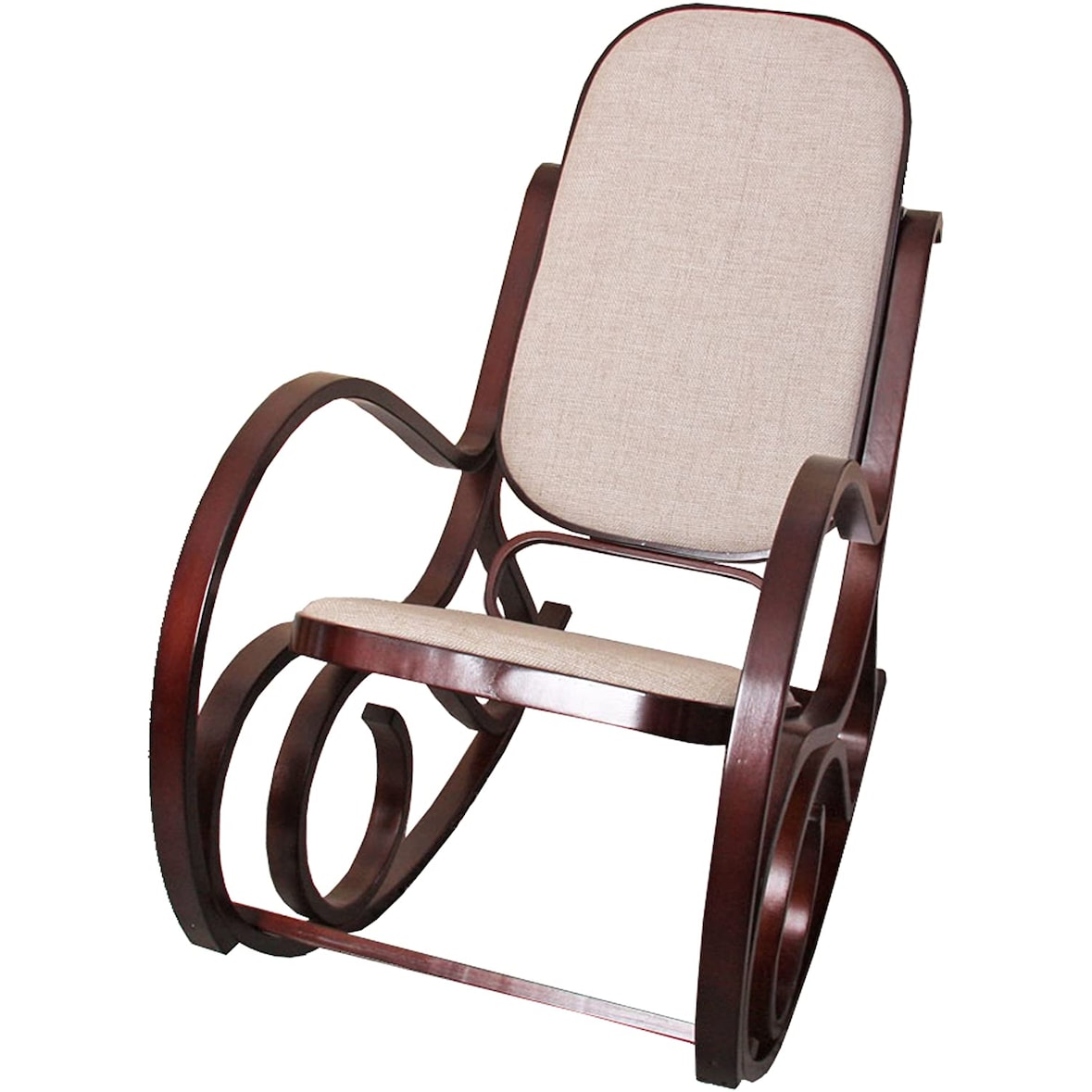 Décoshop26 - Fauteuil à bascule rocking chair en bois foncé assise en tissu beige FAB04043