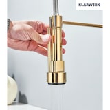 thumbnail of Björn | gastronomia grifo monomando de agua fría oro|grifo cocina profesional acero inoxidable dos rociadores|grifo fregadero doble restaurante pared