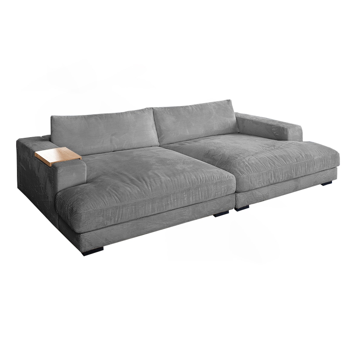 KAWOLA Big Sofa XL MADELINE mit Holztablett natur für Armlehne Cord grau