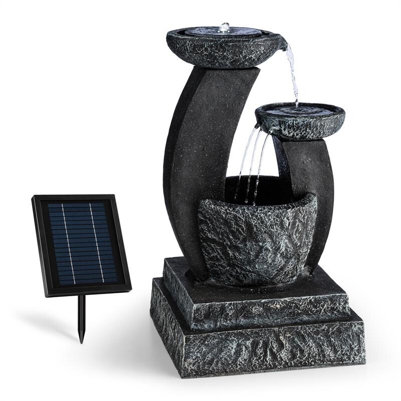 Fantaghiro Zierbrunnen Gartenbrunnen 3W Solar LED Polyresin Steinoptik Schwarzer Schiefer