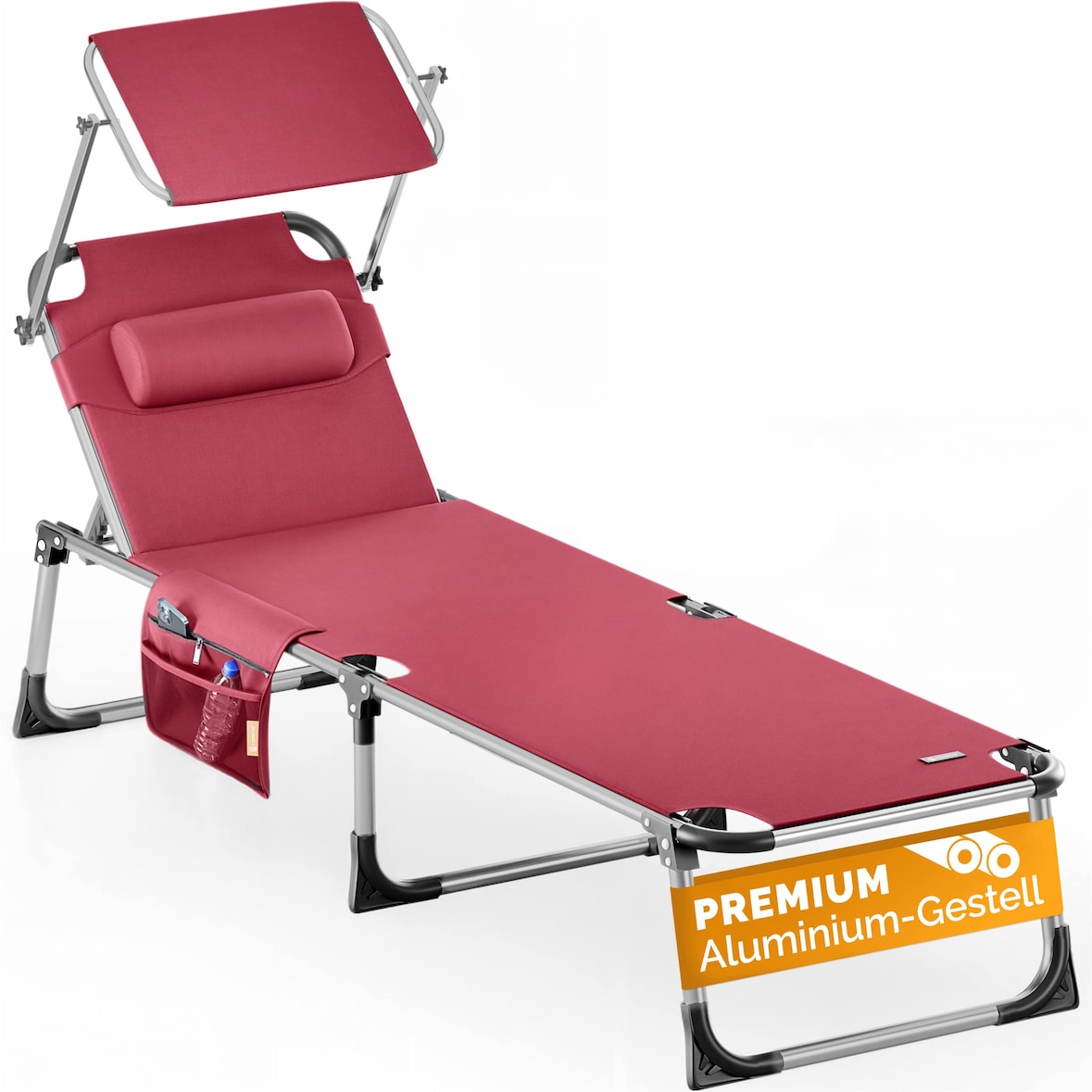 CASARIA® Alu Sonnenliege mit Dach Seitentasche Klappbar Wetterfest Gartenliege Rot