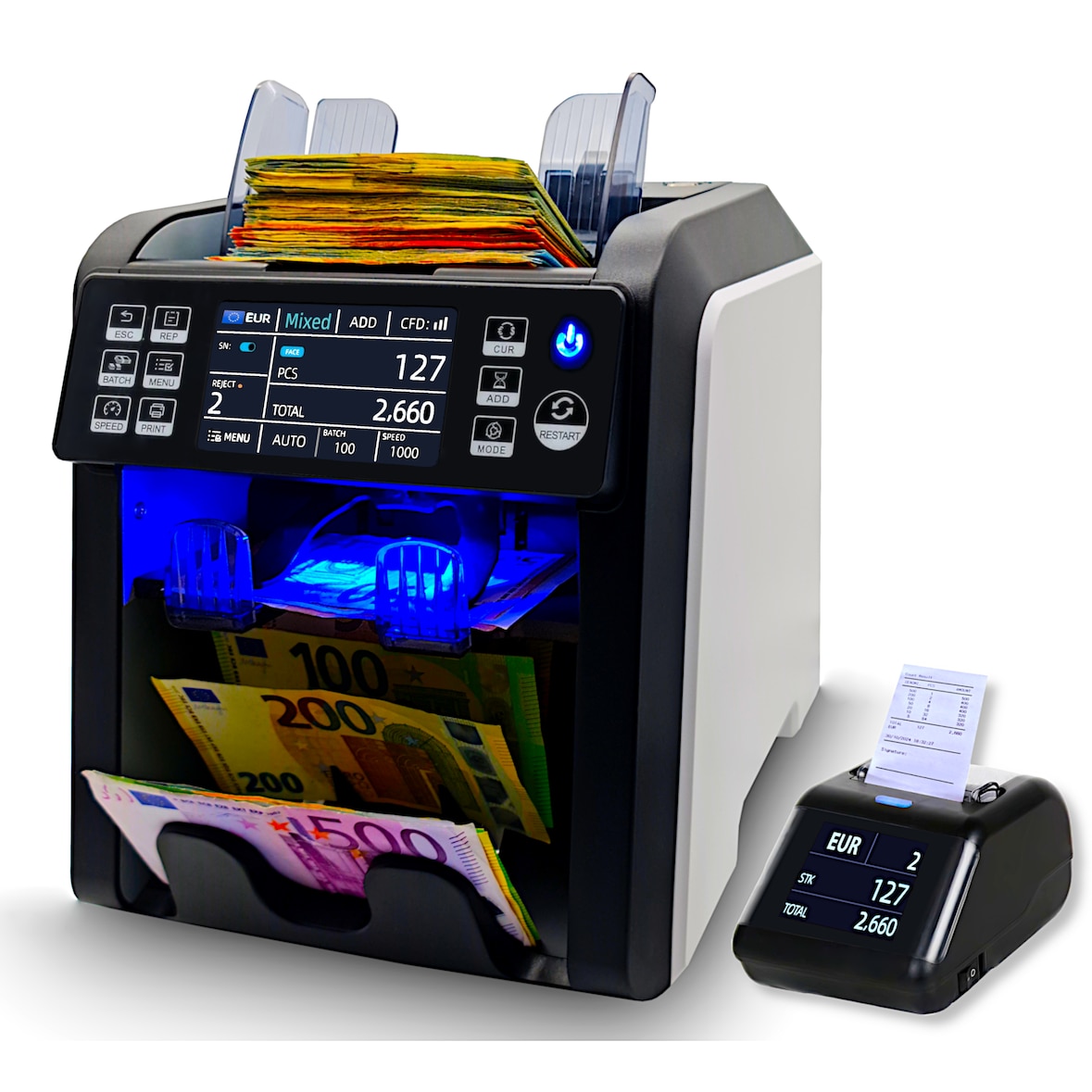 BEITZ BS-950A Geldzählmaschine für Scheine + BS-P30 Thermodrucker | Banknotenzähler mit 2-Taschen | 9-facher Falschgelderkennung & Druckfunktion