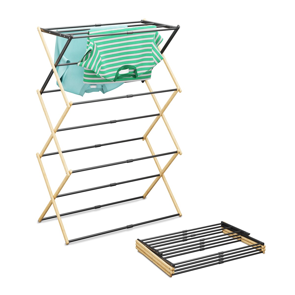 Relaxdays Wäscheständer, klappbar, ausziehbar, 11 Stangen, HxBxT: 107 x 43–74 x 37 cm, Bambus & Metall, natur/schwarz