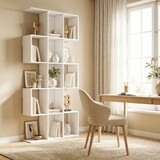 thumbnail of Bücherregal 5 Ebenen S-förmig geometrisch 15 Fächer modernes schmales Regal Weiß Holzmaserung