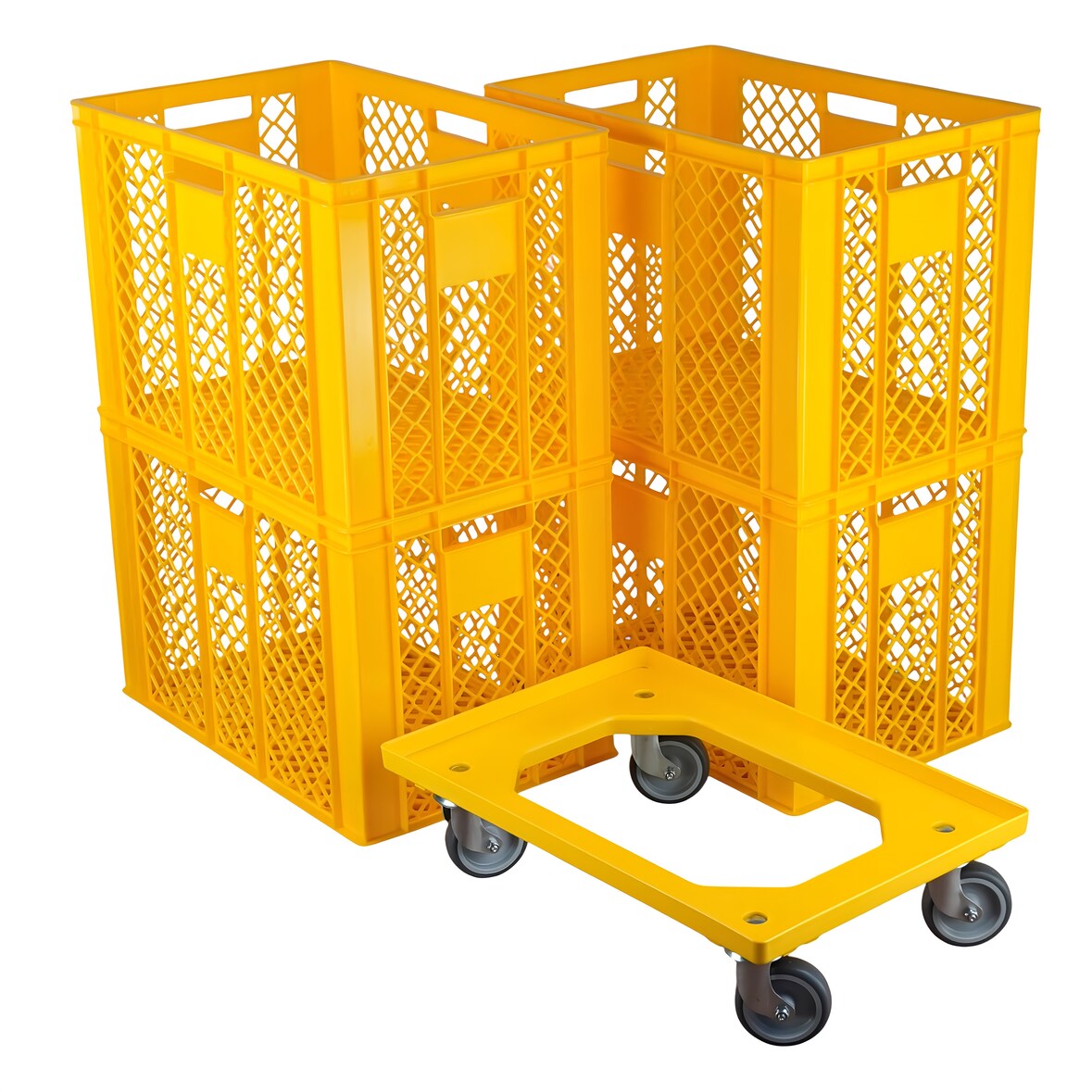 4 Stück Bäckerkisten 600 x 400 x 410 mm + 1 Transportroller in Gelb
