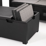 thumbnail of Salon de jardin SALINA en résine effet rotin avec coussins déhoussables, comprenant un canapé deux places, deux fauteuils et une table coffre – Noir