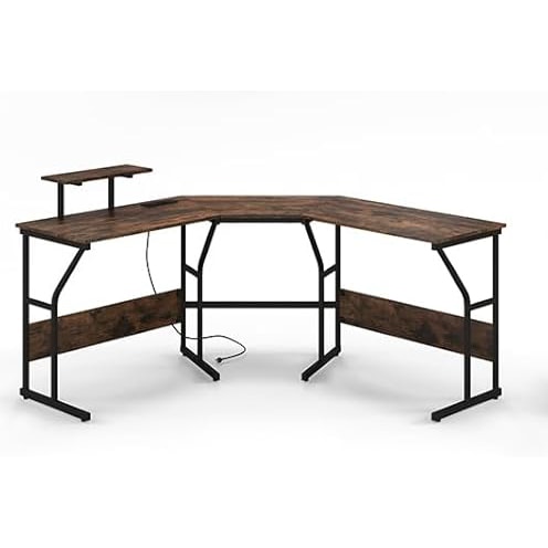 COSTWAY Mesa de Canto em Forma de L Reversível com Suporte para Monitor e Estação de Carregamento, Mesa de Canto, Mesa de Computador para Jogos