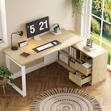 thumbnail of Merax L-förmiger Schreibtisch 152x113.5x76 cm, Bürotisch mit 2 Schubladen, 3 offenen Regalen & 1 Schrank, Naturholzfarbe & Weiß