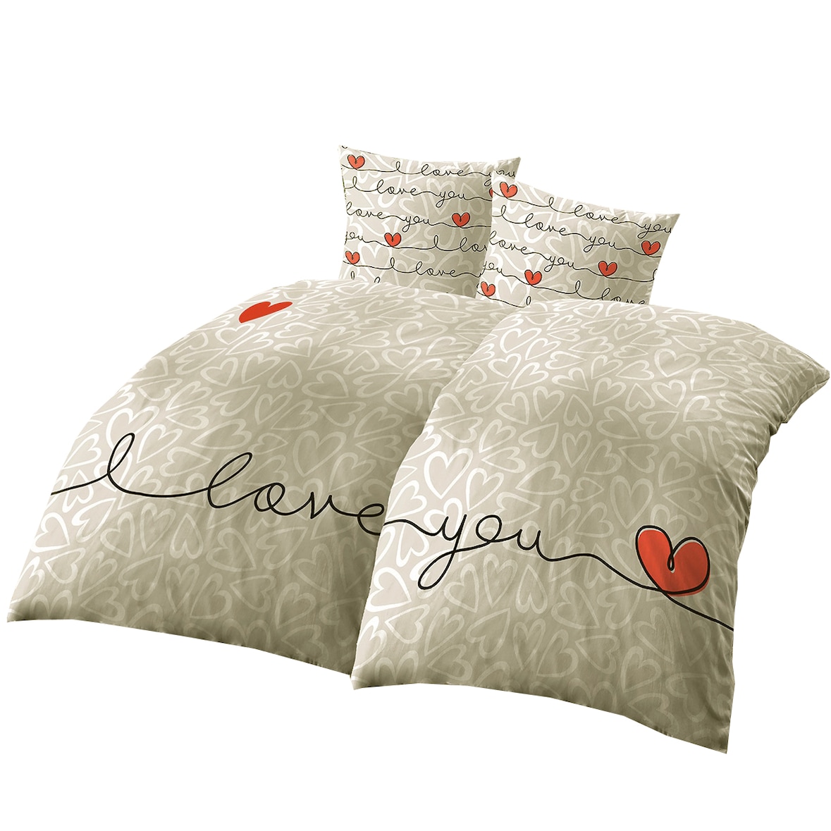 Bettwäsche 135x200 80x80 Partner Beige Weiß Rot Herz Design mit Reißverschluss 4tlg