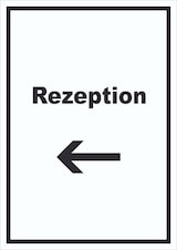 thumbnail of Rezeption Schild mit Text und Richtungspfeil links Anmeldung Eingang hochkant A5 Rückseite selbstklebend