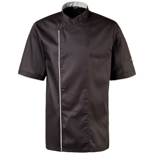 224 - Kochjacke halbarm, Druckknöpfe, Fb. schwarz mit farbiger Paspel : silbergrau 65% Polyester 35%Baumwolle 220 g/m² XS