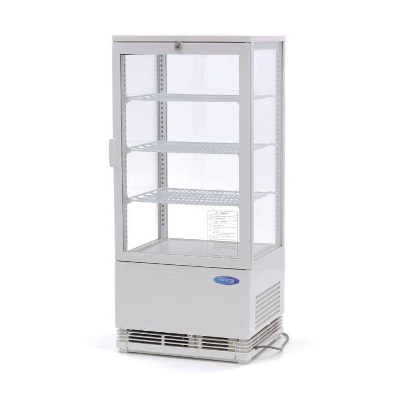 Maxima - Gekoelde vitrine 78L wit met glas aan 4 zijden, LED en temperatuurregelaar 0-12°C, slot, geventileerde koeling, 42.8x38.6x96 cm