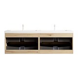 thumbnail of Badezimmer-Waschtisch 53×160×46 cm mit 2 integrierten Waschbecken aus Kunststein im weißen Eichen-Look, mit Soft-Close-Schubladen