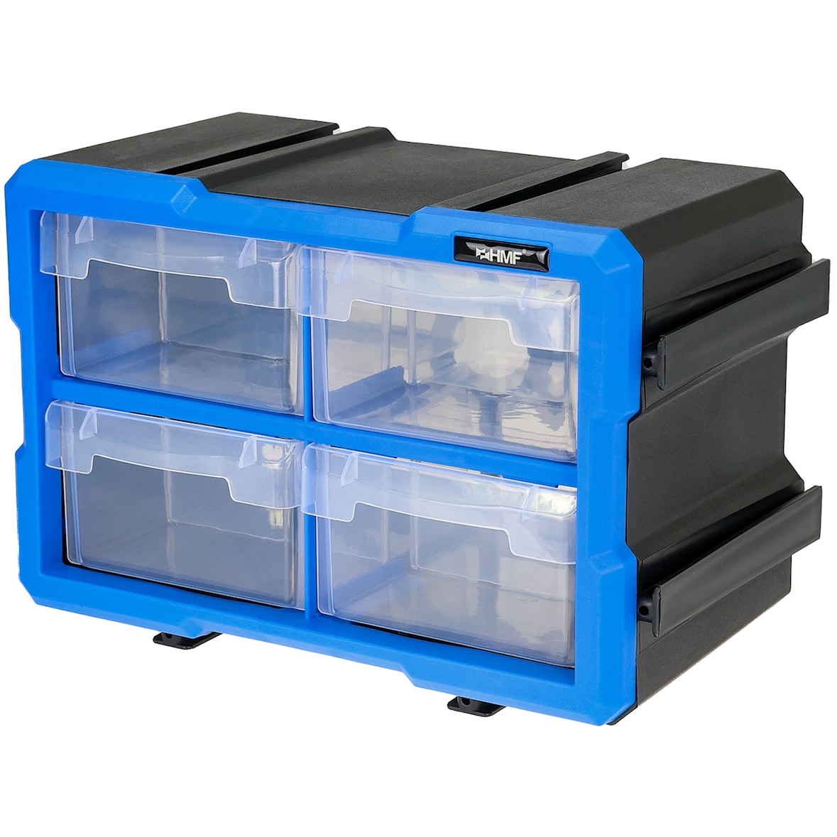HMF Sortierbox für Kleinteile mit 4 Schubladen, erweiterbarer Sortimentskasten für Schrauben und Werkzeug, 8 Fächer, 29,5 x 19,5 x 16 cm, Blau-Schwarz