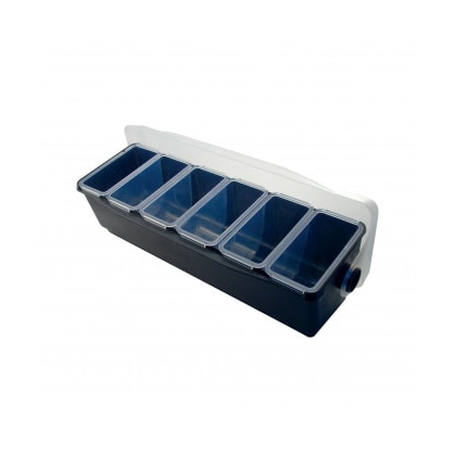 Zwarte plastic opbergbak met 6 vakken, 49 x 17,5 x 16 cm, met deksel.
