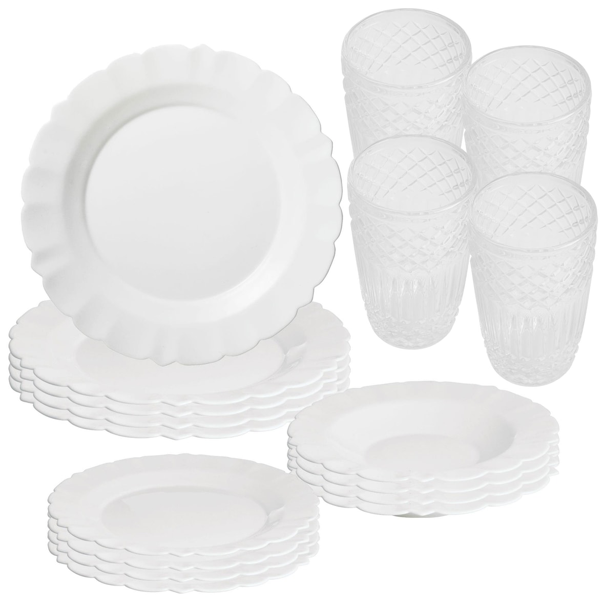 San Ignacio – 12-teiliges Geschirrset aus Opalglas Weiß mit 4 Gläsern aus klarem Kristallglas à 380 ml