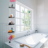 thumbnail of Relaxdays Duschregal Teleskop, H: 99–311 cm, ohne Bohren, zum Klemmen, für Ecke, 4 Duschablagen, Handtuchstange, schwarz