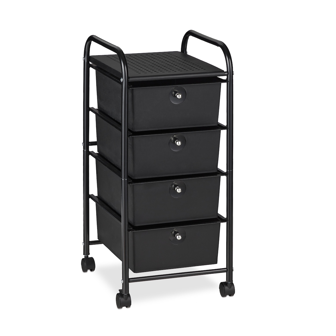 Relaxdays Badrollwagen, 4 Schubladen, Metall & Kunststoff, Rollcontainer Bad, Kosmetik, HBT: 74 x 33 x 39 cm, schwarz